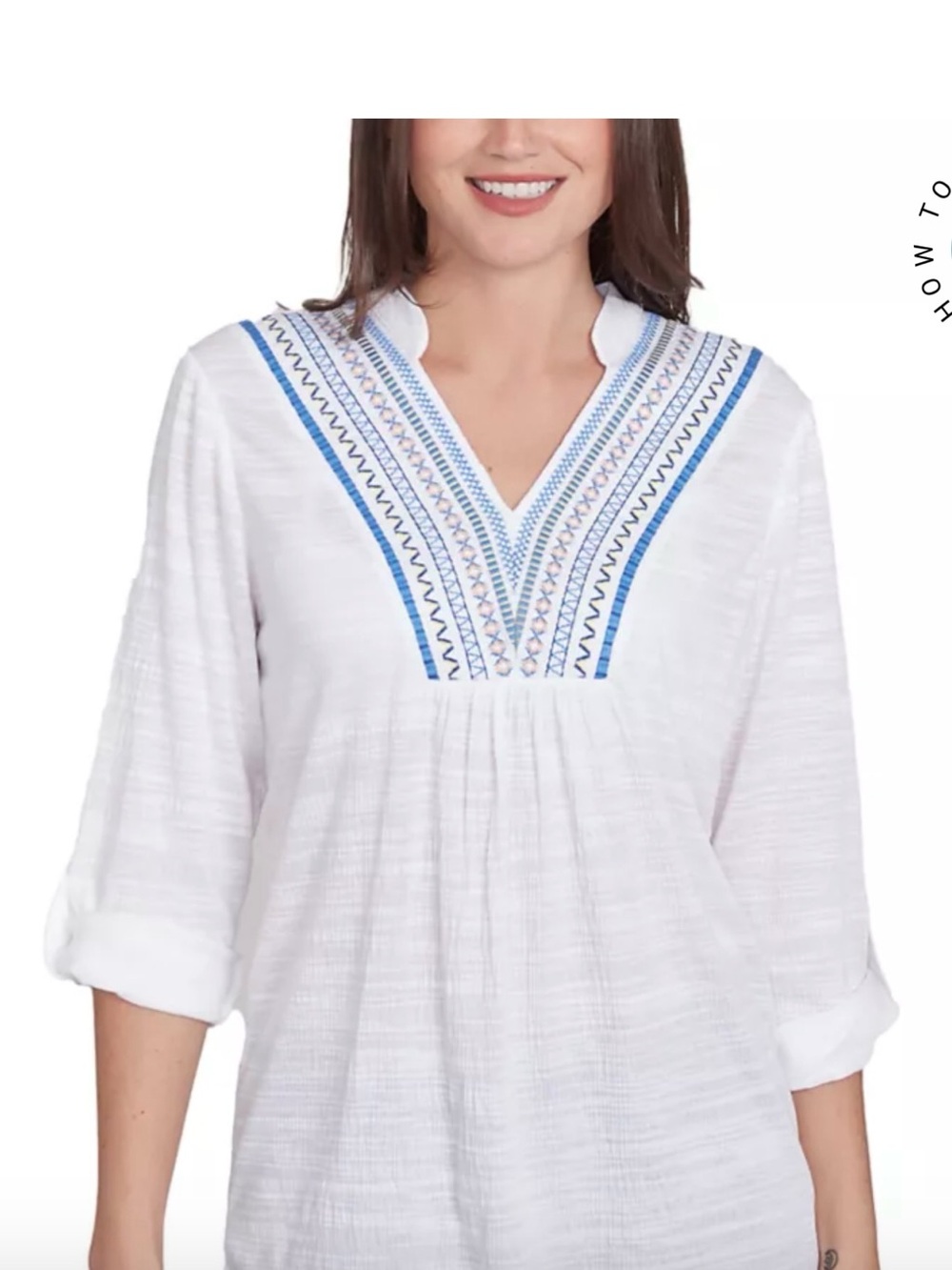 Ruby Rd. White Tunic with Blue Embroidered V-Neck - Picture 2 of 9